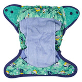 The Close Pop-In +bamboo reusable cloth nappy with adjustable popper closures, opened to show the bamboo lining