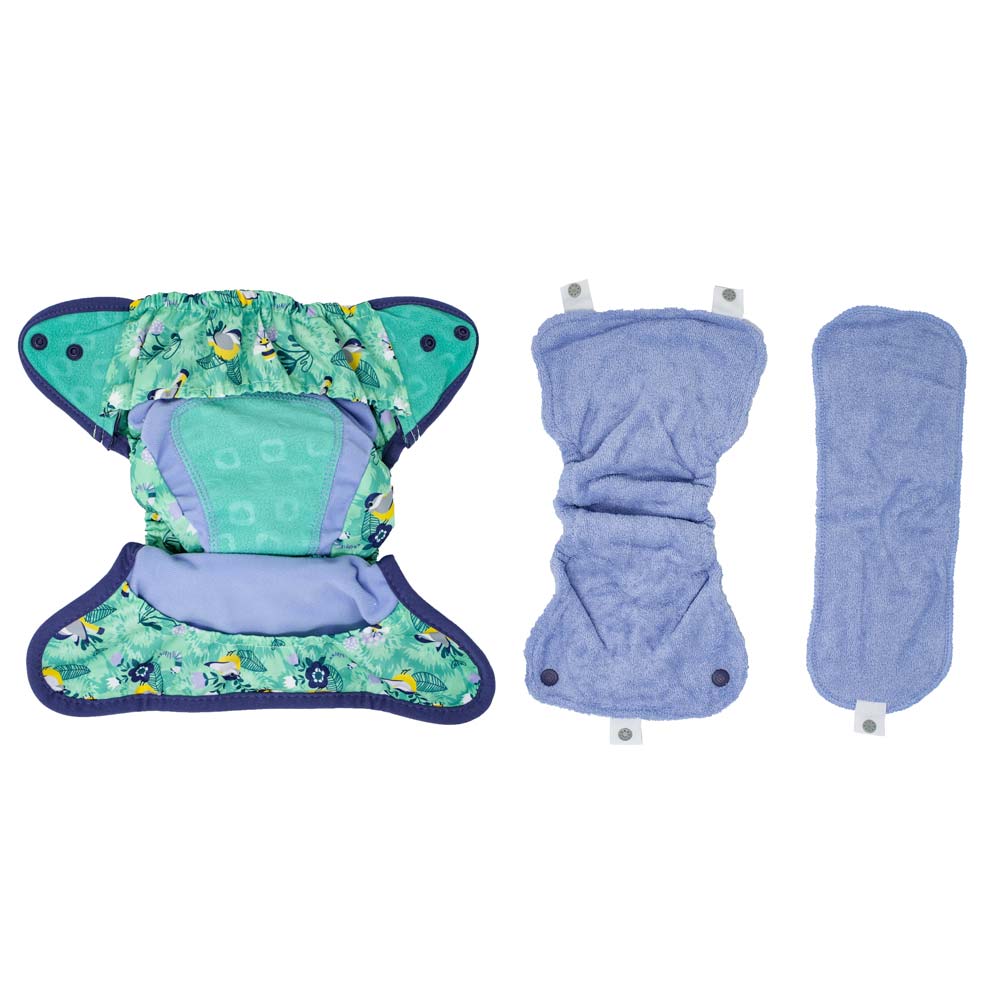 The three parts of The Close Pop-In +bamboo reusable cloth nappy with adjustable popper closures, showing how they come apart to wash and dry