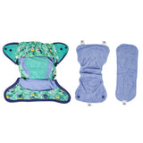 The three parts of The Close Pop-In +bamboo reusable cloth nappy with adjustable popper closures, showing how they come apart to wash and dry