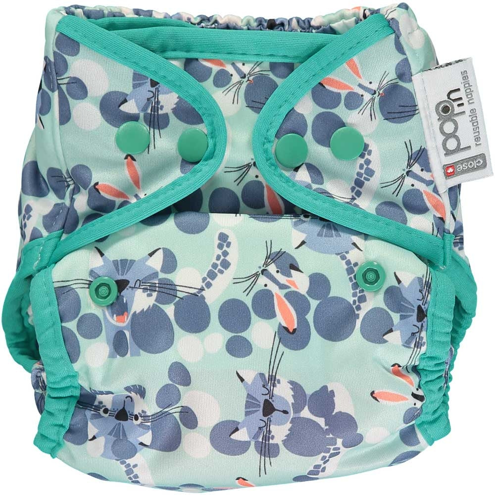 The Close Pop-In +bamboo reusable cloth nappy with adjustable popper closures, in a snow leopard print