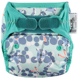 The Close Pop-In +bamboo reusable cloth nappy with adjustable velcro closures, in a snow leopard print