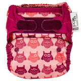 The Close Pop-In +bamboo reusable cloth nappy with adjustable velcro closures, in a vintage pink owl print