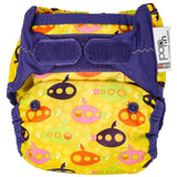 The Close Pop-In +bamboo reusable cloth nappy with adjustable velcro closures, in a vintage yellow submarine print