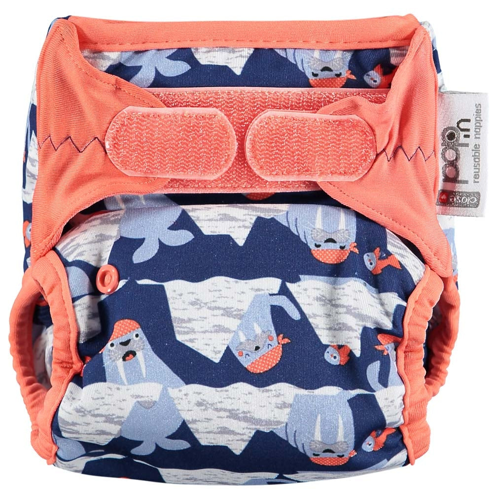 The Close Pop-In +bamboo reusable cloth nappy with adjustable velcro closures, in a walrus print