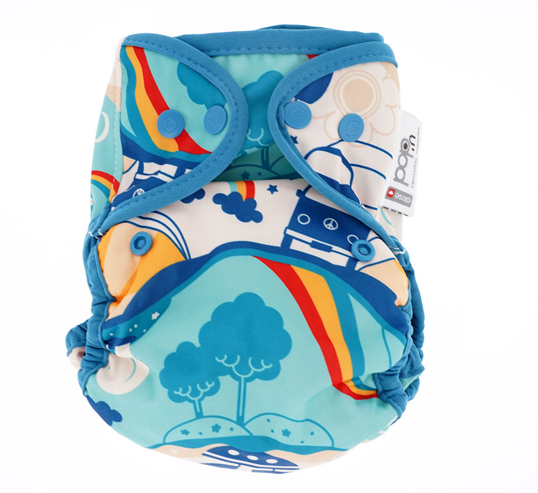 The Close Pop-In x Babipur exclusive reusable nappy wrap, in a Babipur World Print
