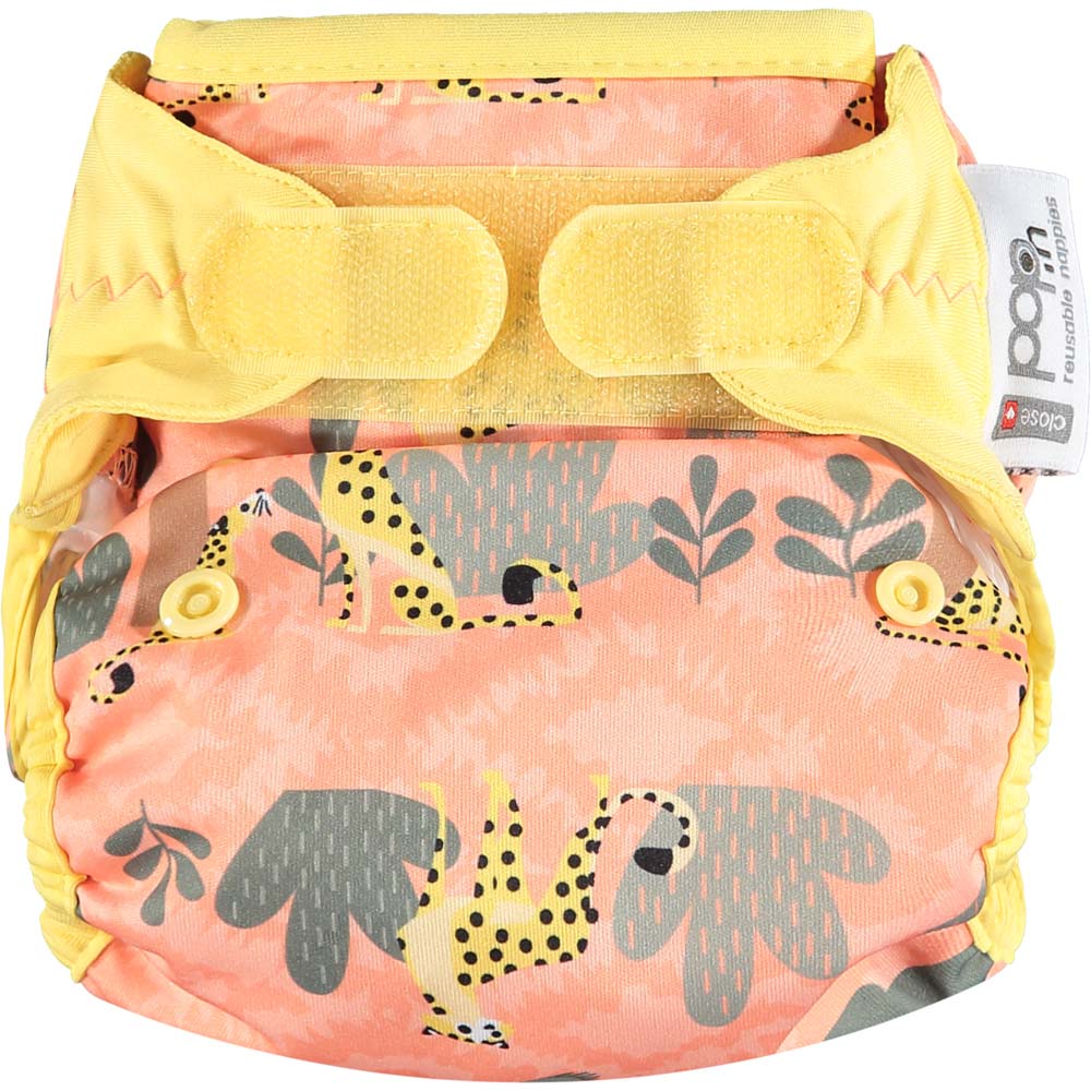 The Close Pop-In +bamboo reusable cloth nappy with adjustable velcro closures, in a peachy cheetah print