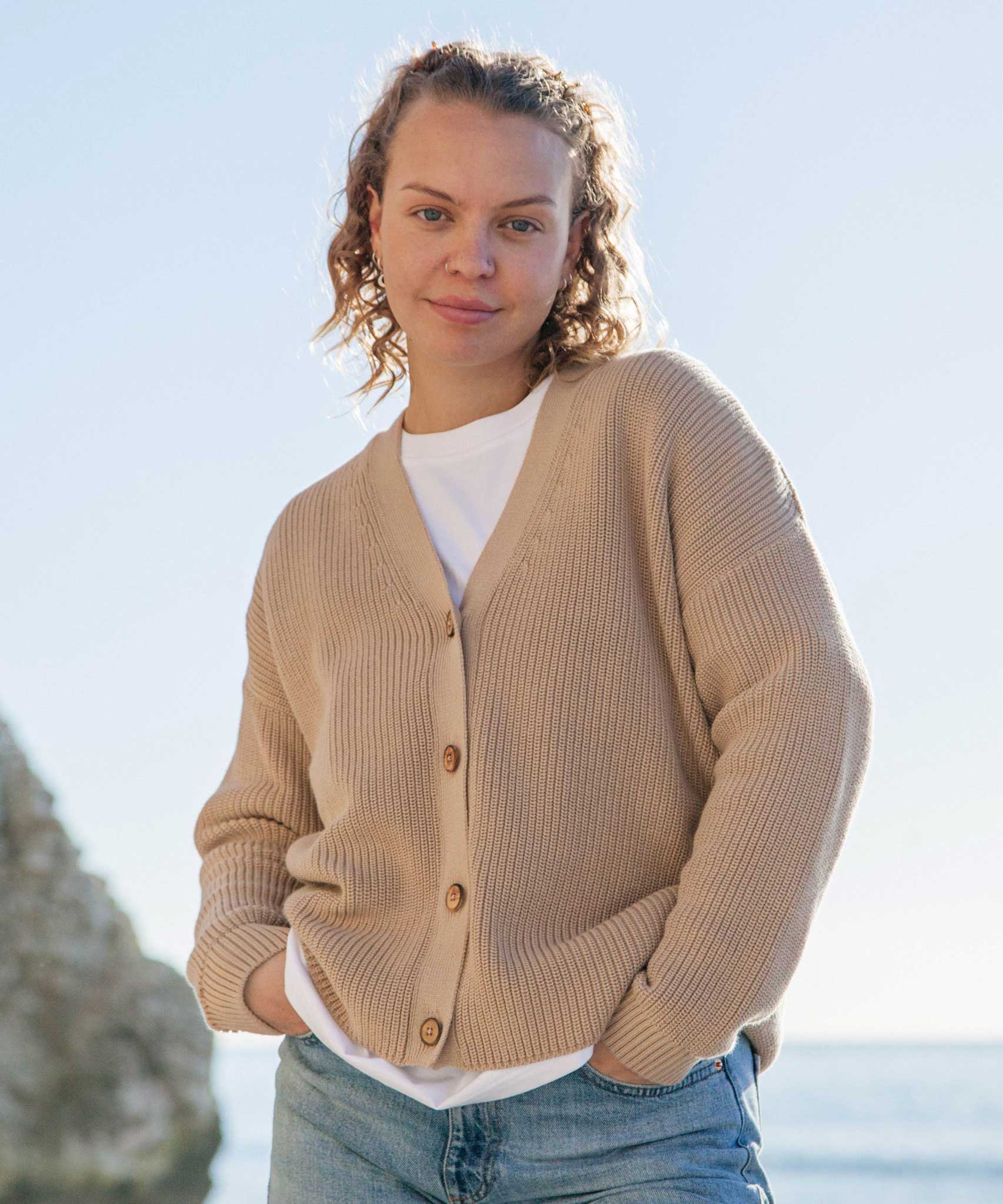 Rapanui Taupe Brook Organic Cotton Women's Knitted Cardigan.