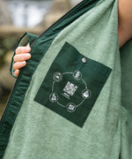 A close up of the inside lining of the Rapanui changing robe in evergreen colour showing the towelling detail on the inside and zip detail. Features a pocket on the inside with washing and drying instructions.