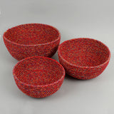 A close up of the 3 Respiin multicoloured recycled cotton bowls spread out showing the size difference