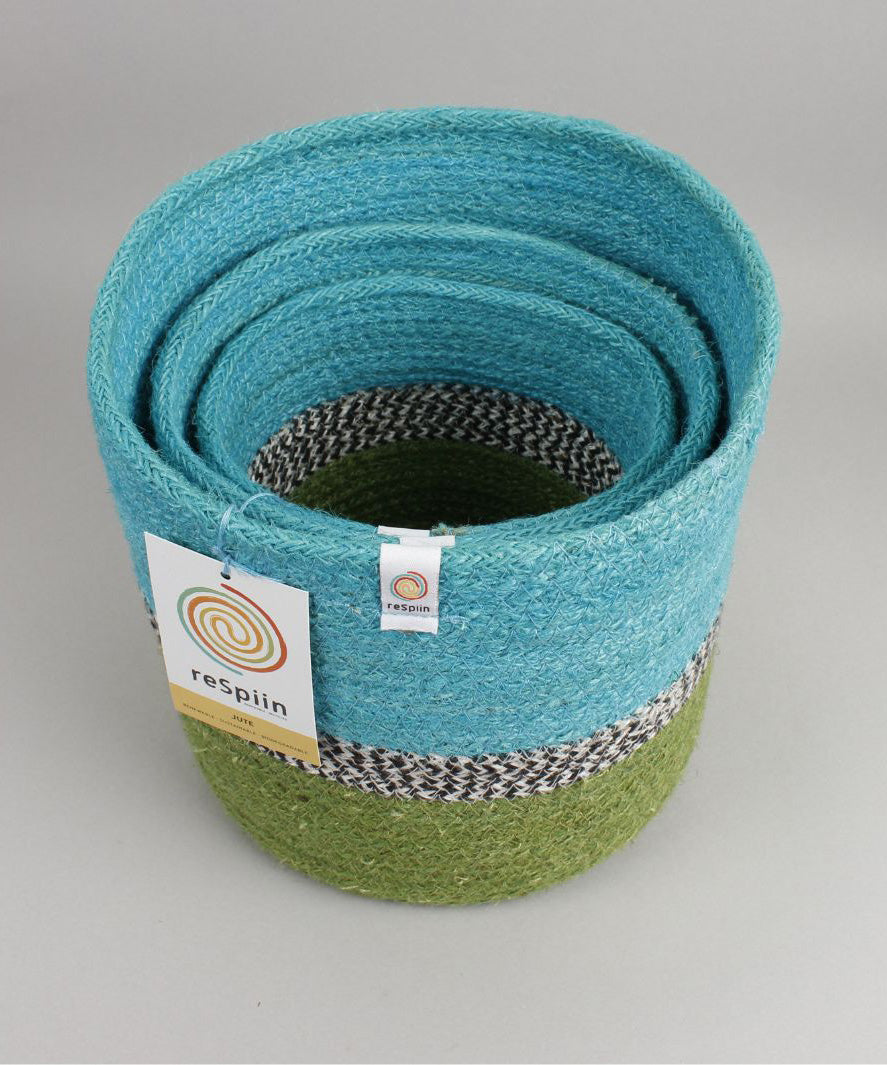 A close up of the Respiin zig zag ocean basket set showing the 3 basket inside eachother. Features the brand patch stitched on the side of each basket