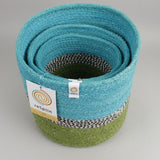 A close up of the Respiin zig zag ocean basket set showing the 3 basket inside eachother. Features the brand patch stitched on the side of each basket