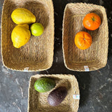 A top down view of the Respiin seagrass rectangular baskets on top of a stone surface with fruit inside each basket