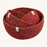 A set of 3 Respiin recycled cotton bowls in vibrant red with multicoloured weave in large medium and small size