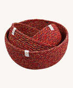 A set of 3 Respiin recycled cotton bowls in vibrant red with multicoloured weave in large medium and small size