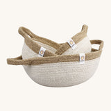A set of 3 Respiin jute handled bowls in white and natural. Showing the smaller bowls inside the larger bowl.