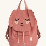 The Roommate organic cotton canvas backpack for ids and toddlers, in pink with funny features.