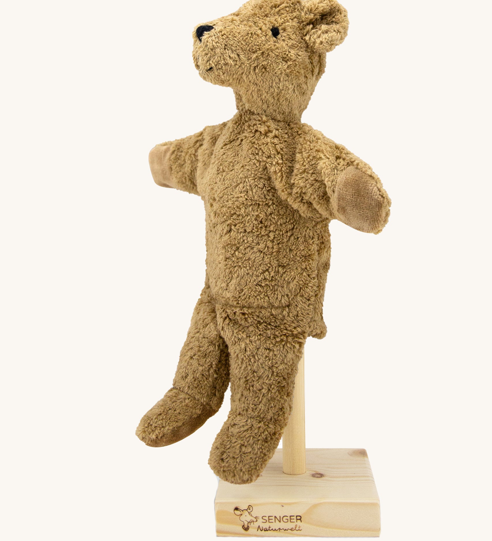 Senger beige bear Hand Puppet on a stand.