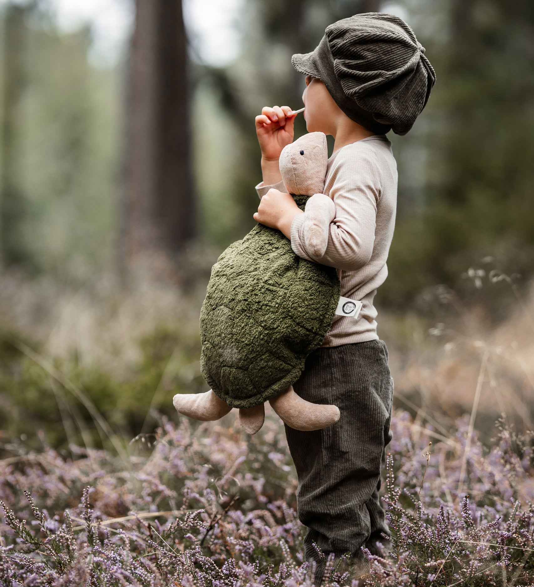 A child standing in a wooded area holding a large cuddly Senger Turtle soft toy.