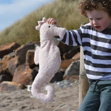 A child holding up a Senger seahorse on a beach.