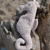 A Senger seahorse placed on a trunk of driftwood on a beach.