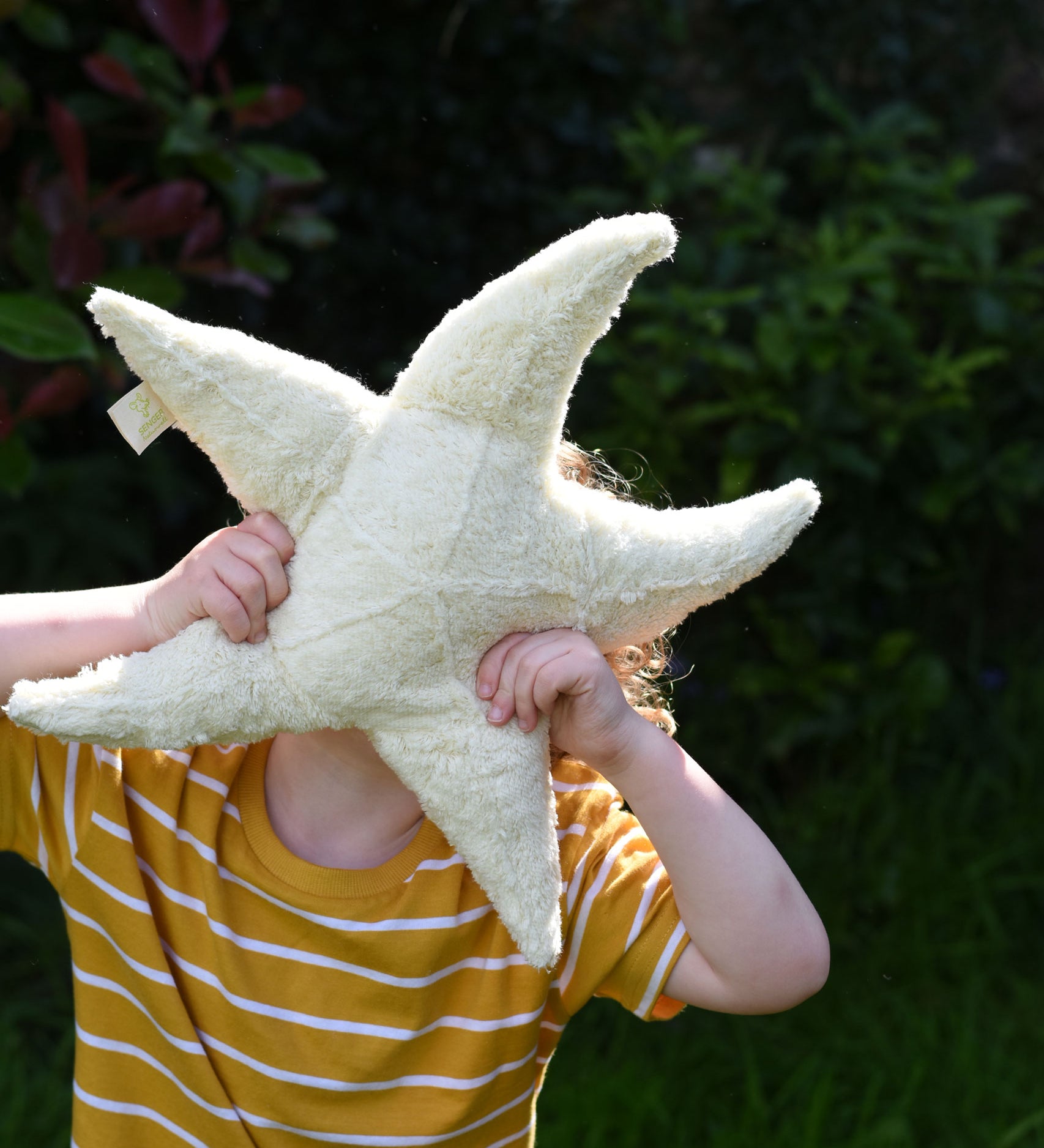 A child holding up a small Senger starfish cuddly toy in front of his face. The Senger soft toys are made from organic materials and natural fillings.