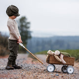 A child pulling along a wagon that has two Senger turtles in it.
