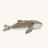 The Senger organic cotton cuddly whale stuffed animal toy, with a grey and white fluffy body.