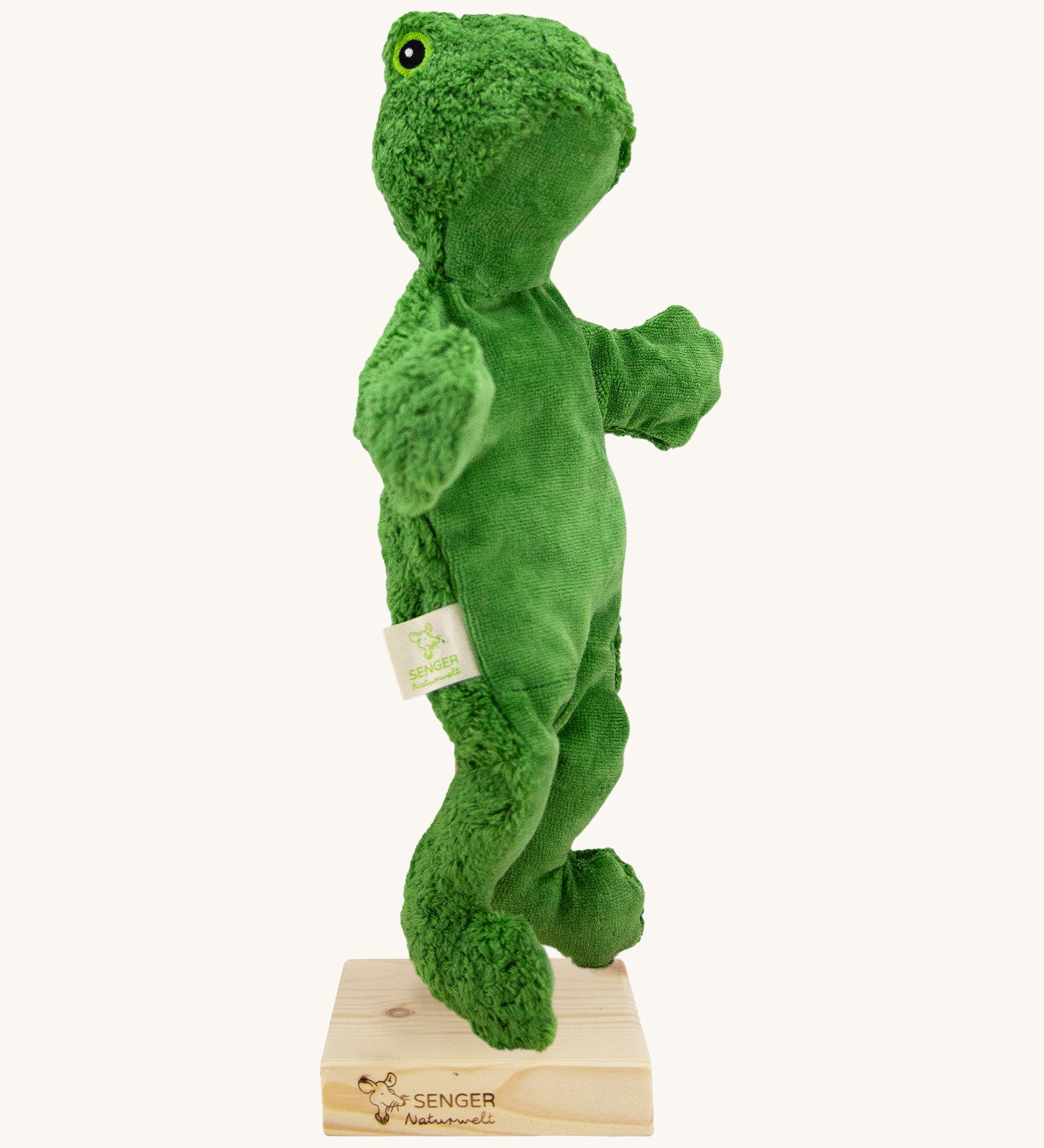 Senger Hand Puppet - Frog organic soft toy on a cream background.