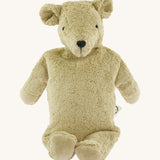 Senger large beige bear - a GOTS organic cotton soft fluffy huggable bear showing its embroidered facial features