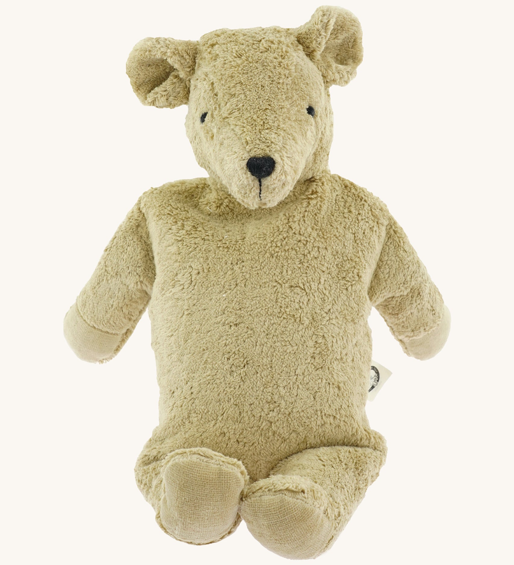 Senger large beige bear - a GOTS organic cotton soft fluffy huggable bear showing its embroidered facial features