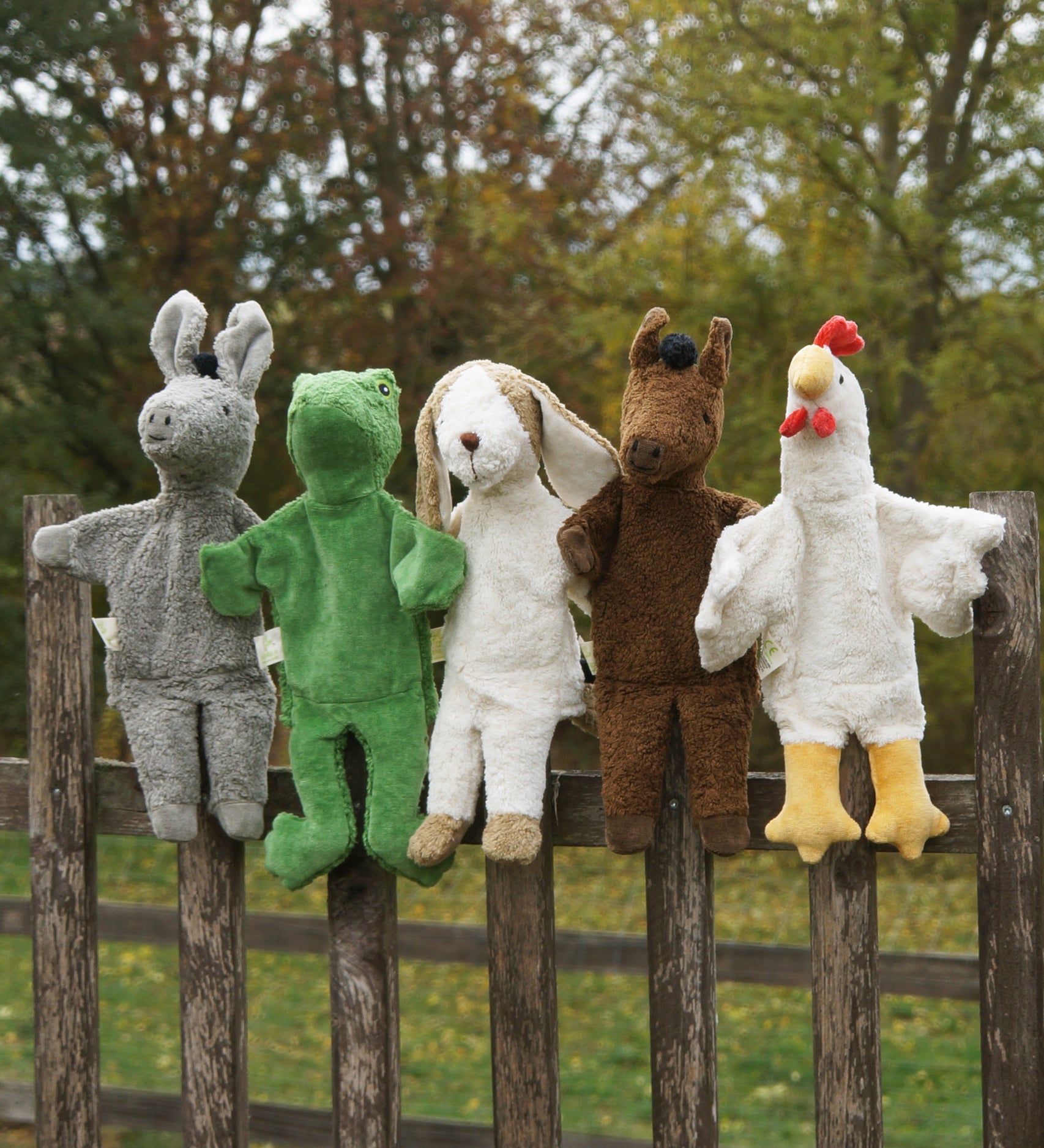 A collection of Senger hand puppets placed on a wooden fence. A donkey, frog, dog horse and chicken.
