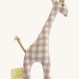 Senger giraffe grasping toy available at Babipur. A organic cotton soft plush giraffe grasper in a pink/beige plaid colour way
