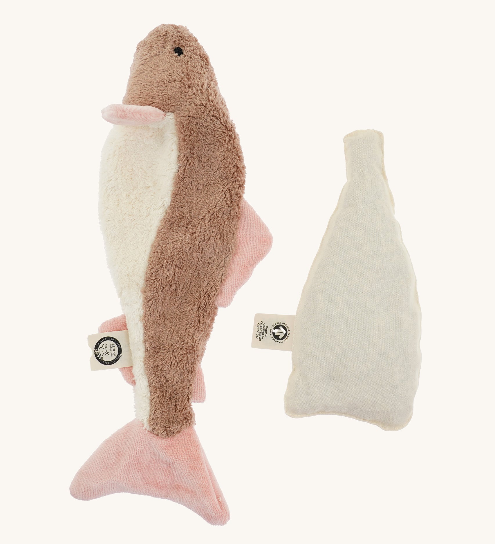 The Senger organic cotton cuddly pink fish toy, with its heatable bag taken out
