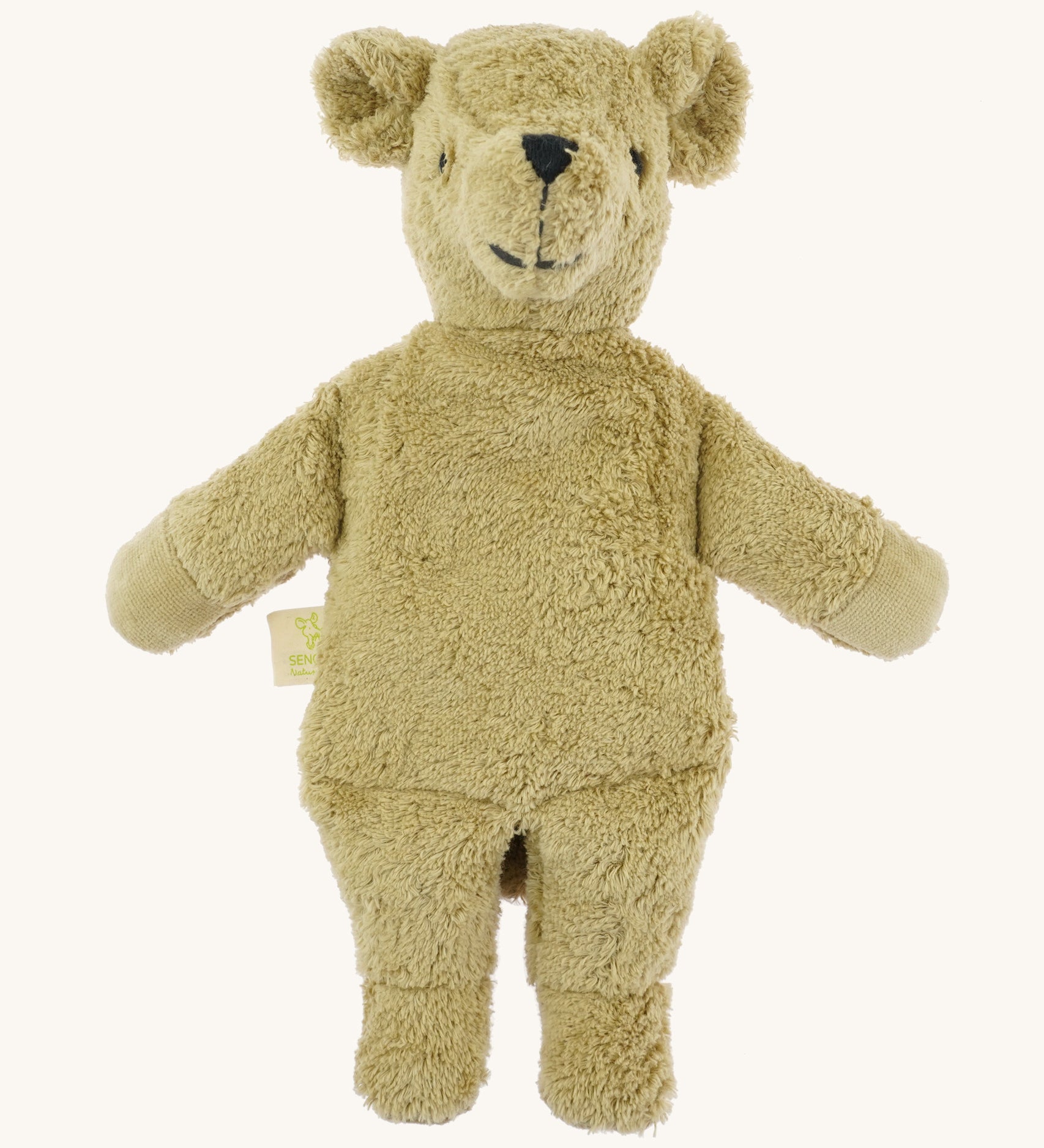 Senger cuddly bear. A small beige GOTS organic cuddly teddy bear that can be warmed up