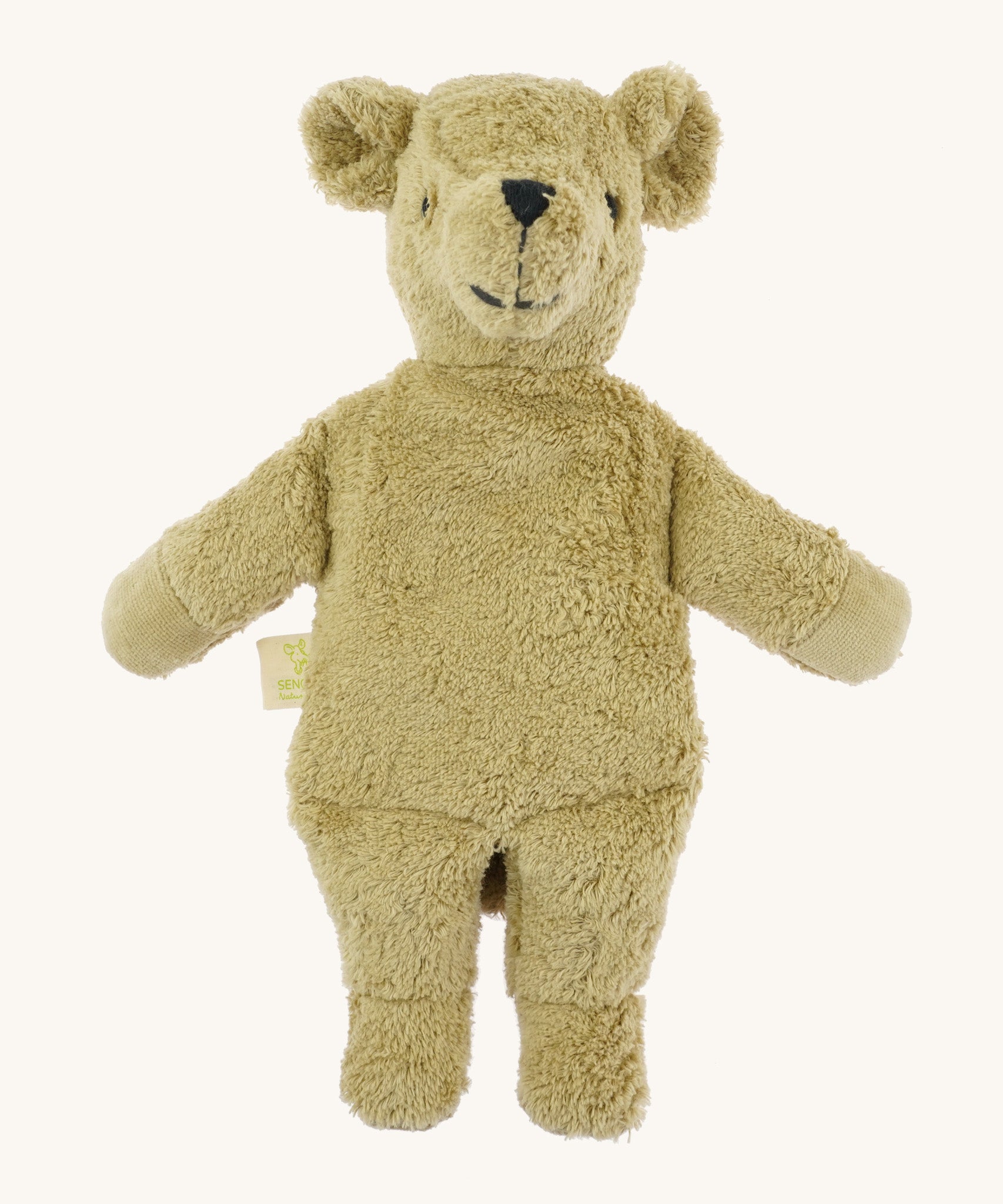 Senger cuddly bear. A small beige GOTS organic cuddly teddy bear that can be warmed up