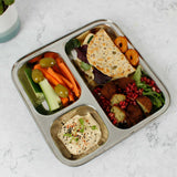 A Slice Of Green Stainless Steel Divided Plate. The plate has hummus in the smallest section, carrot, cucumber and olives in the middle section and flatbread, salad and falafels in the biggest section. This stainless steel plate is suitable for snacks and meals and perfect for children and adults.