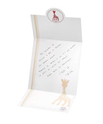 The branded Sophie the Giraffe greeting card that comes with the natural hevea rubber teething set.