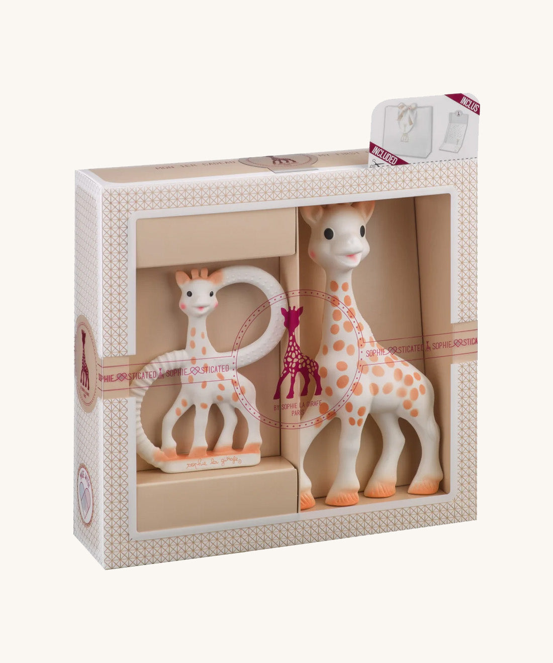 The Sophie the Giraffe premium baby gift set featuring two natural rubber teething toys for babies.