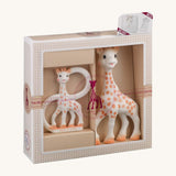 The Sophie the Giraffe premium baby gift set featuring two natural rubber teething toys for babies.