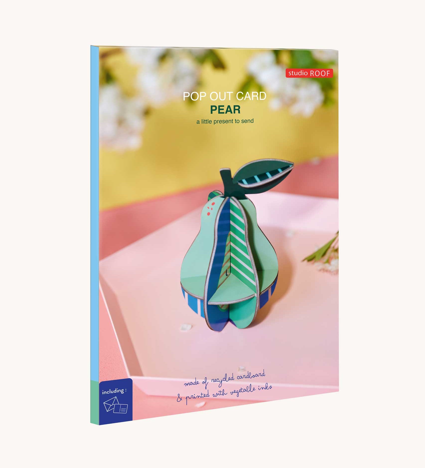 The packaging of the Studio Roof 3D Pop Out Card Pear. This 3D pop out card DIY kit is part of Studio Roof's fruits collection which is available at Babipur.