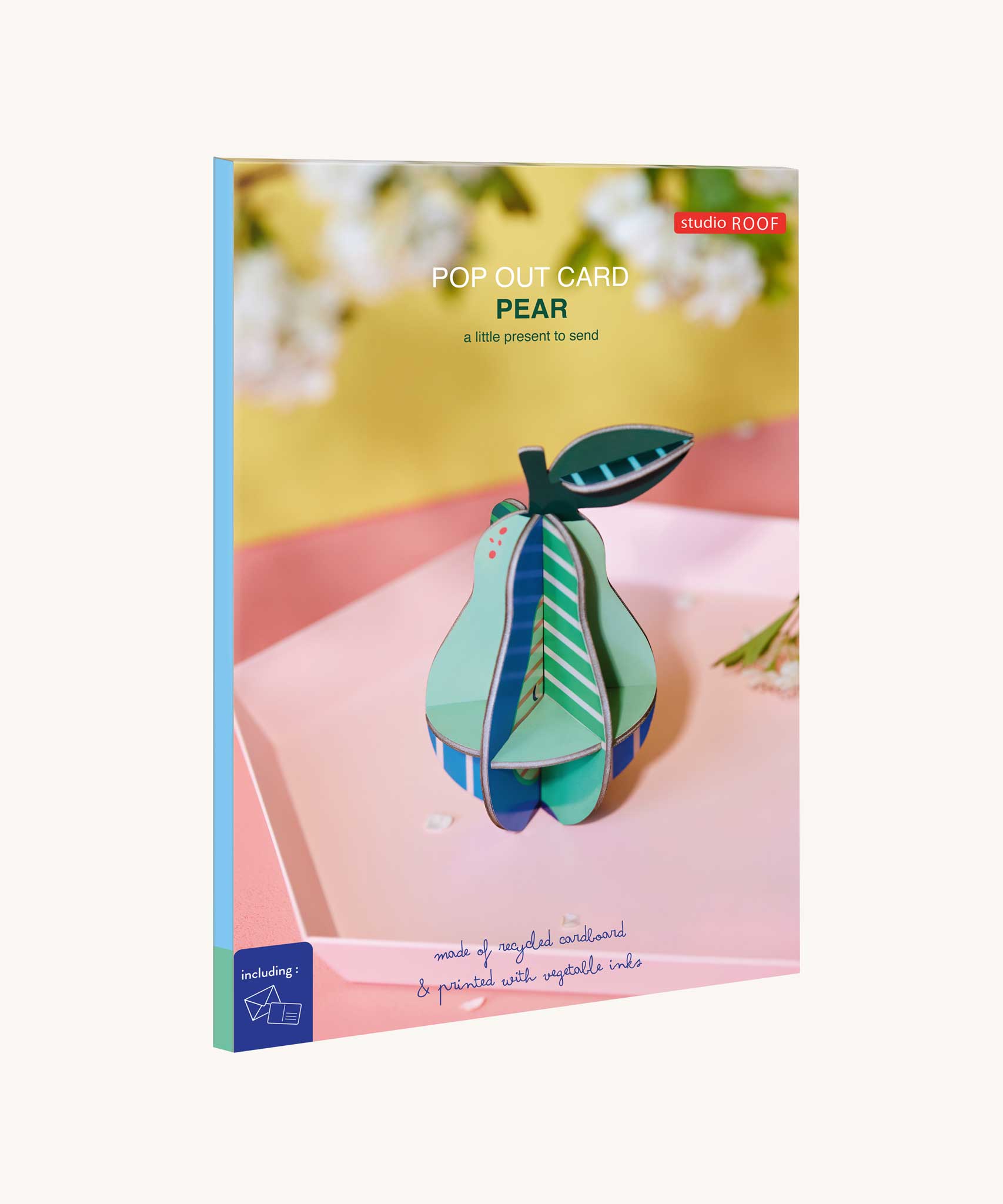 The packaging of the Studio Roof 3D Pop Out Card Pear. This 3D pop out card DIY kit is part of Studio Roof's fruits collection which is available at Babipur.