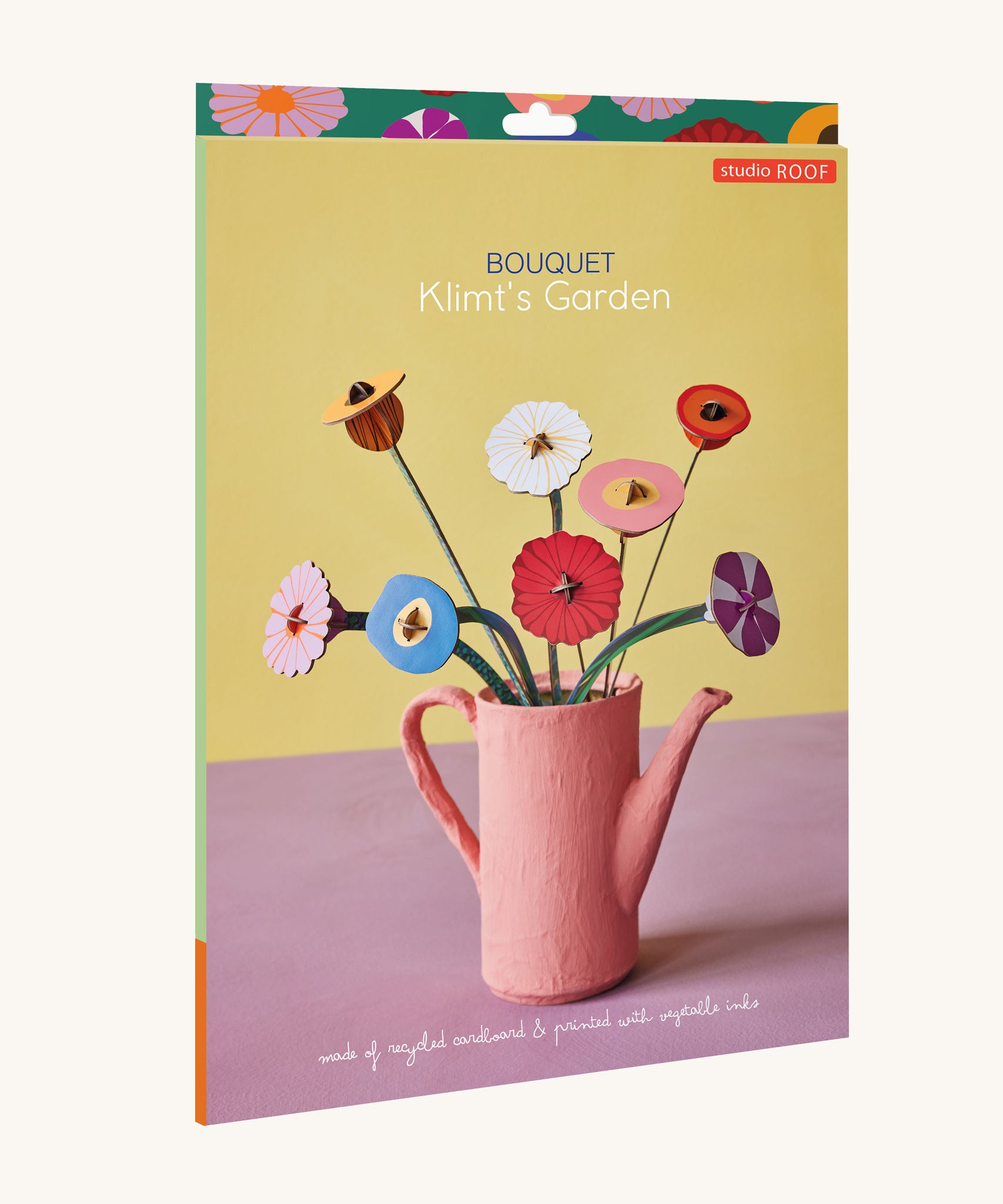 The packaging of the Studio Roof Cardboard Bouquet in a  Klimt's Garden design. A DIY Cardboard craft kit that makes up 8 3D flowers. This 3D pop out DIY kit is part of Studio Roof's artist flowers collection which is available at Babipur.