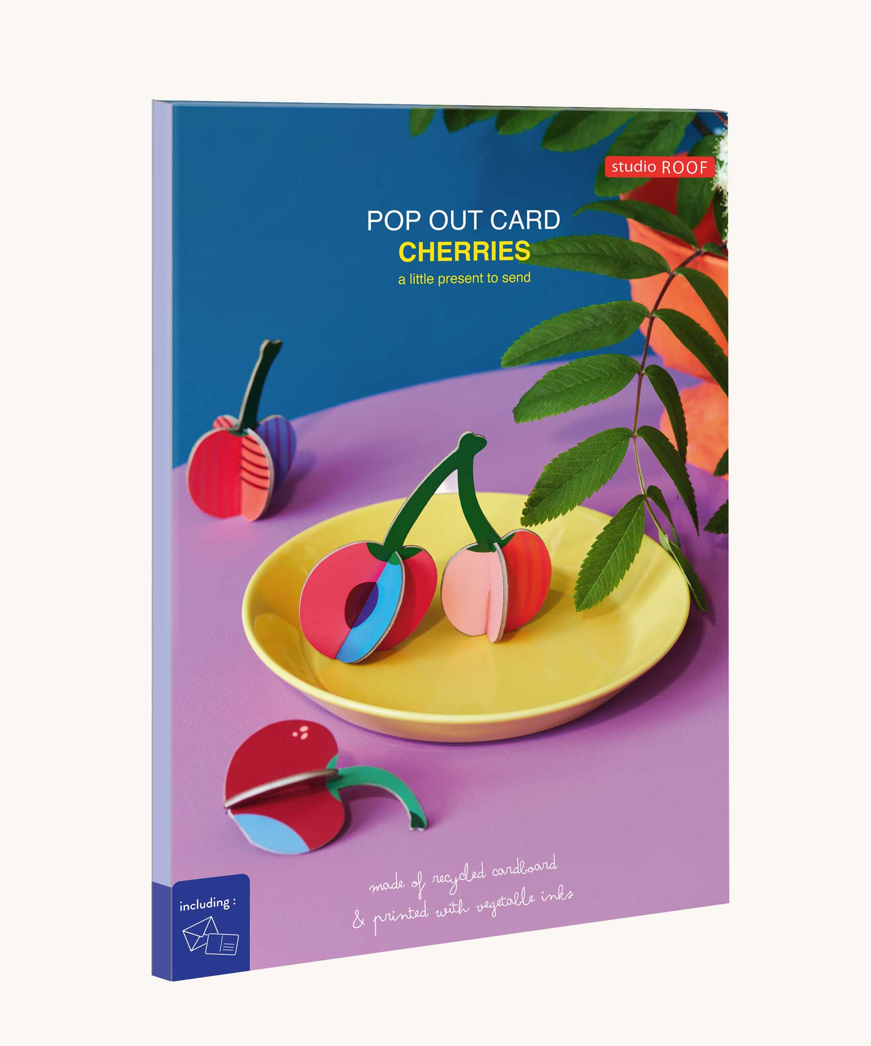 The packaging of the Studio Roof 3D Pop Out Card Cherries. This 3D pop out card DIY kit is part of Studio Roof's fruits  collection which is available at Babipur.