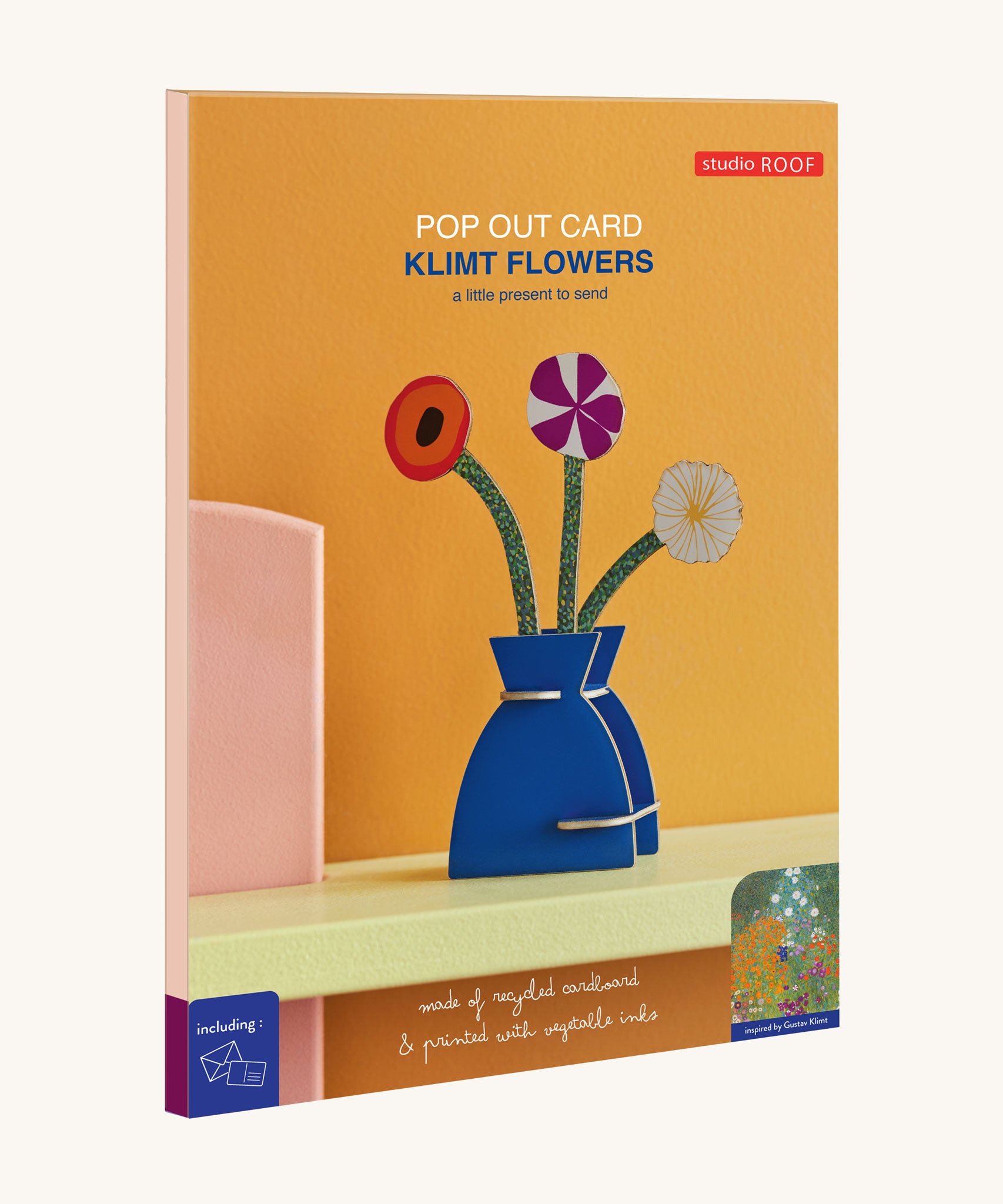 The packaging of the Studio Roof 3D Pop Out Card featuring a Klimt Flowers design. This 3D pop out card bouquet is part of Studio Roof's artist collection which is available at Babipur.
