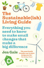 Front cover of The Sustainable (Ish) Living Guide Book by Jen Gale, with red, blue and green writing, surrounded by illustrated sustainable solutions