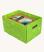 Tegu 130 piece magnetic block Classroom Kit in the Future blue tone colour way in their green coloured cardboard packaging box.