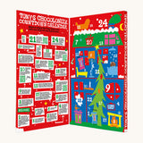 The open red coloured box of Tony's Chocolonely advent calendar on a cream background