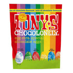 Tony's chocolonely eco-friendly fairtrade mini chocolate eggs pouch in the mixed flavours pack on a white background