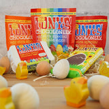 Tonys chocolonely eco-friendly fairtrade easter chocolates on a pile of straw