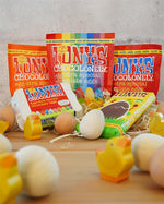 Tonys chocolonely eco-friendly fairtrade easter chocolates on a pile of straw